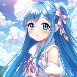 A captivating digital art piece of a blue-haired anime girl, characterized by vivid shades of blue in her long, flowing hair, which glimmers under a soft light