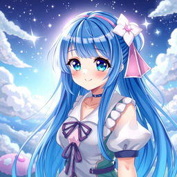 A captivating digital art piece of a blue-haired anime girl, characterized by vivid shades of blue in her long, flowing hair, which glimmers under a soft light