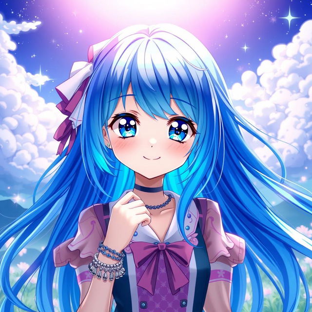 A captivating digital art piece of a blue-haired anime girl, characterized by vivid shades of blue in her long, flowing hair, which glimmers under a soft light