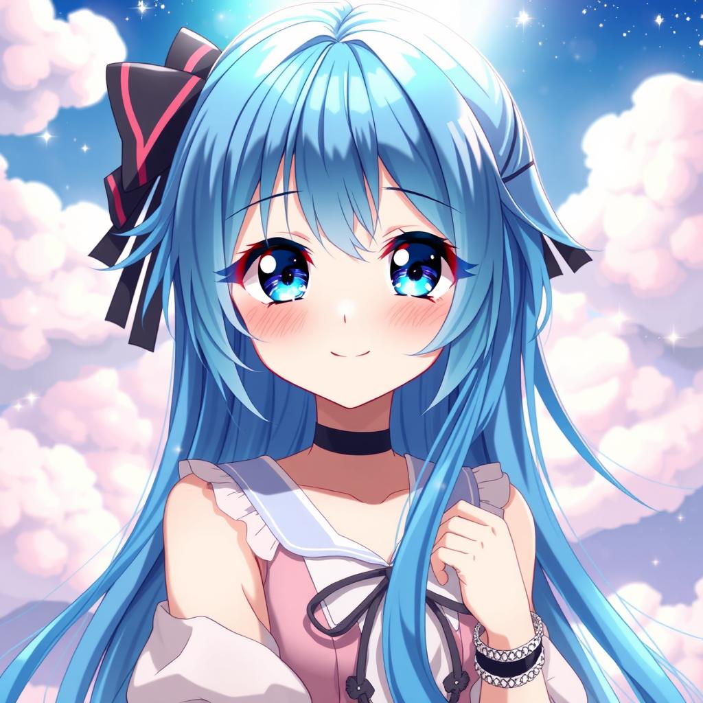 A captivating digital art piece of a blue-haired anime girl, characterized by vivid shades of blue in her long, flowing hair, which glimmers under a soft light