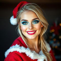 A sexy, sweet, and beautiful 19-year-old blonde woman with vibrant makeup, featuring bright frosted pastel blue eyeshadow, thick black eyeliner, and bright pink lipstick