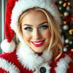 A sexy, sweet, and beautiful 19-year-old blonde woman with vibrant makeup, featuring bright frosted pastel blue eyeshadow, thick black eyeliner, and bright pink lipstick