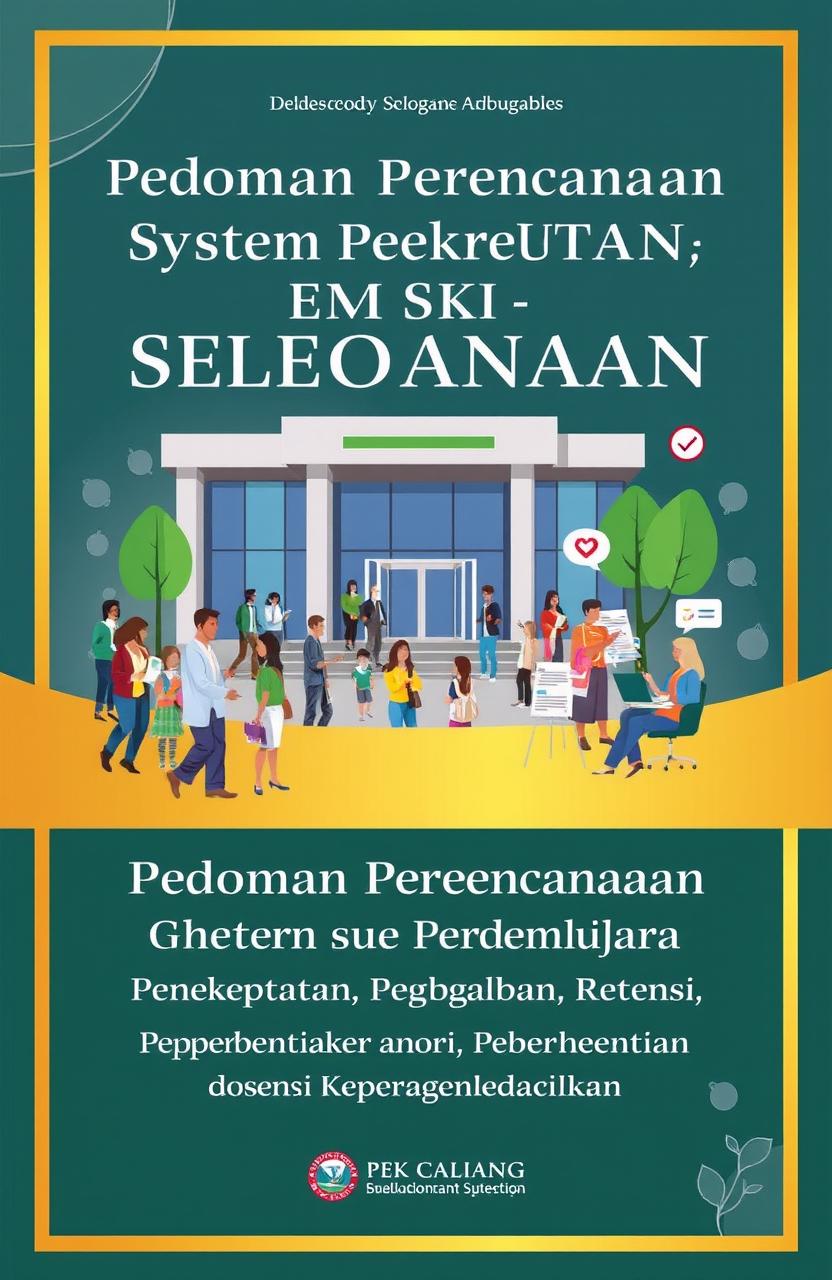 A detailed and highly informative guidebook cover illustration for a document titled 'Pedoman Perencanaan Sistem Seleksi, Perekrutan, Penempatan, Pengembangan, Retensi, Pemberhentian Dosen dan Tenaga Kependidikan'