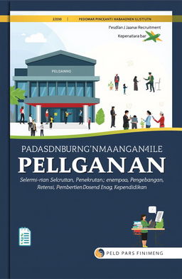 A detailed and highly informative guidebook cover illustration for a document titled 'Pedoman Perencanaan Sistem Seleksi, Perekrutan, Penempatan, Pengembangan, Retensi, Pemberhentian Dosen dan Tenaga Kependidikan'