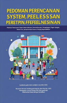 A detailed and highly informative guidebook cover illustration for a document titled 'Pedoman Perencanaan Sistem Seleksi, Perekrutan, Penempatan, Pengembangan, Retensi, Pemberhentian Dosen dan Tenaga Kependidikan'