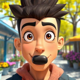 A 21-year-old male character with an oversized head, large expressive eyes, and a notable black tooth