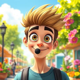 A 21-year-old male character with an oversized head, large expressive eyes, and a notable black tooth