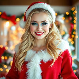 A full-length photographic image of a sexy, sweet, and beautiful 19-year-old blonde woman with vibrant makeup, featuring bright frosted pastel blue eyeshadow, thick black eyeliner, and bright pink lipstick