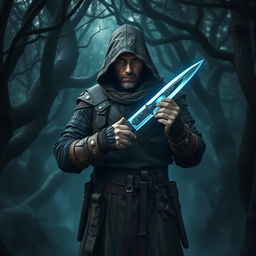 A medieval bounty hunter stands resolutely in a shadowy forest, holding a magic dagger that glows with a mystical blue light