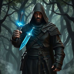 A medieval bounty hunter stands resolutely in a shadowy forest, holding a magic dagger that glows with a mystical blue light