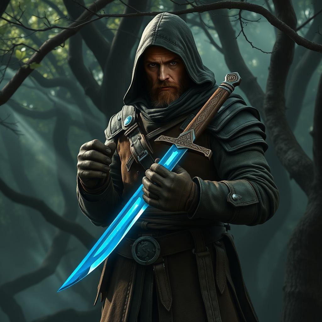 A medieval bounty hunter stands resolutely in a shadowy forest, holding a magic dagger that glows with a mystical blue light
