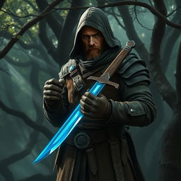 A medieval bounty hunter stands resolutely in a shadowy forest, holding a magic dagger that glows with a mystical blue light