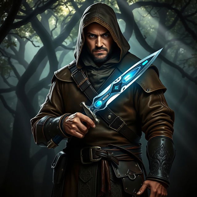 A medieval bounty hunter stands resolutely in a shadowy forest, holding a magic dagger that glows with a mystical blue light