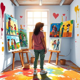 A captivating book cover design for a novel featuring various types of relationships with the backdrop of a young painter