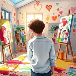 A captivating book cover design for a novel featuring various types of relationships with the backdrop of a young painter