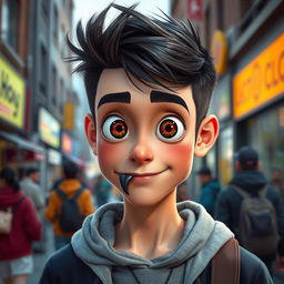 A 21-year-old man with an oversized head, large expressive eyes, and a realistic black tooth