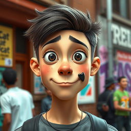 A 21-year-old man with an oversized head, large expressive eyes, and a realistic black tooth