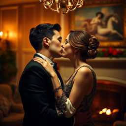 A romantic and intimate scene depicting a couple engaged in a deep kiss