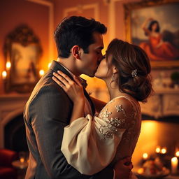 A romantic and intimate scene depicting a couple engaged in a deep kiss