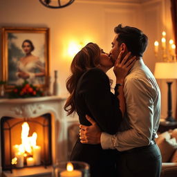 A romantic and intimate scene depicting a couple engaged in a deep kiss
