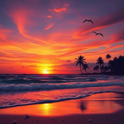 An energetic sunset scene over a vibrant beach, with the sky painted in shades of orange, pink, and purple blending into dark blues as the sun sets on the horizon