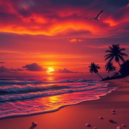 An energetic sunset scene over a vibrant beach, with the sky painted in shades of orange, pink, and purple blending into dark blues as the sun sets on the horizon