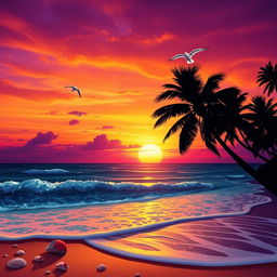 An energetic sunset scene over a vibrant beach, with the sky painted in shades of orange, pink, and purple blending into dark blues as the sun sets on the horizon