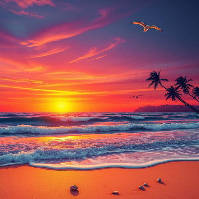 An energetic sunset scene over a vibrant beach, with the sky painted in shades of orange, pink, and purple blending into dark blues as the sun sets on the horizon