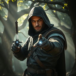 A medieval bounty hunter stands poised in a mystical forest, wielding a small magic dagger that glows softly with a magical light
