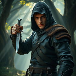 A medieval bounty hunter stands poised in a mystical forest, wielding a small magic dagger that glows softly with a magical light