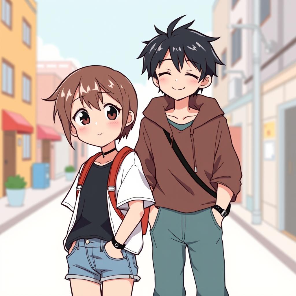 A tomboy girl with short hair, wearing casual street style clothing, looking confidently at the camera