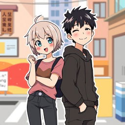 A tomboy girl with short hair, wearing casual street style clothing, looking confidently at the camera