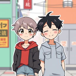 A tomboy girl with short hair, wearing casual street style clothing, looking confidently at the camera