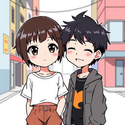 A tomboy girl with short hair, wearing casual street style clothing, looking confidently at the camera
