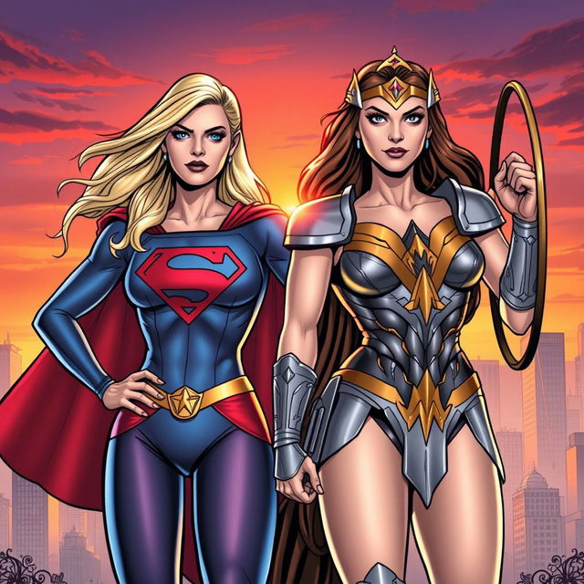 A dynamic comic book scene featuring Supergirl and Wonder Woman standing side by side