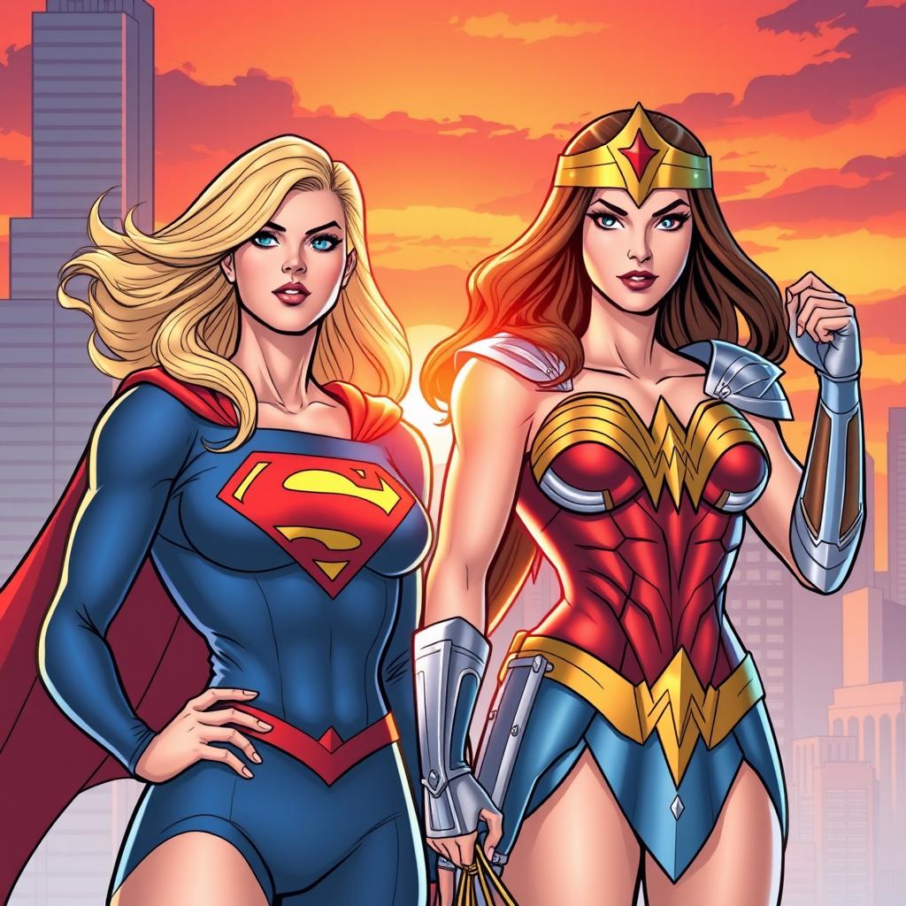 A dynamic comic book scene featuring Supergirl and Wonder Woman standing side by side