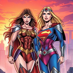 A dynamic comic book scene featuring Supergirl and Wonder Woman standing side by side