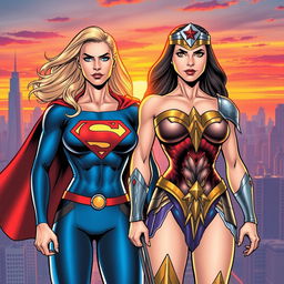 A dynamic comic book scene featuring Supergirl and Wonder Woman standing side by side