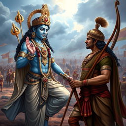 A scene depicting Krishna and Arjuna on the battlefield of Kurukshetra during the Mahabharata epic