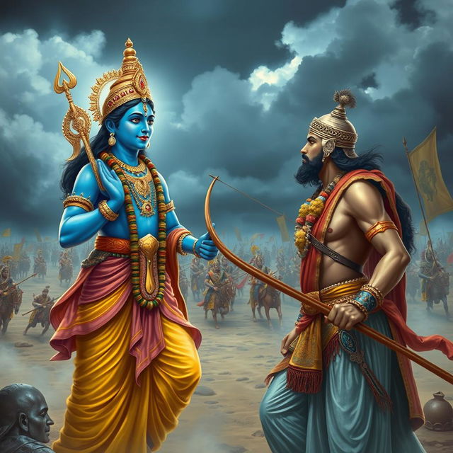 A scene depicting Krishna and Arjuna on the battlefield of Kurukshetra during the Mahabharata epic