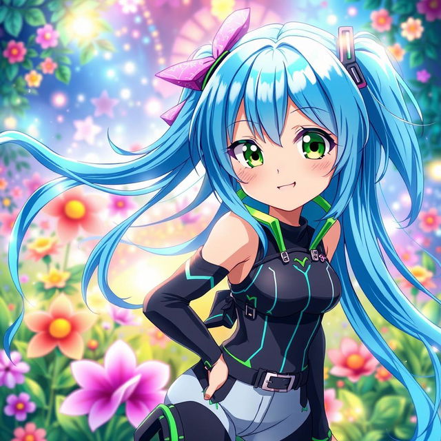 A vibrant anime girl with long flowing blue hair and bright green eyes, wearing a stylish futuristic outfit with neon accents