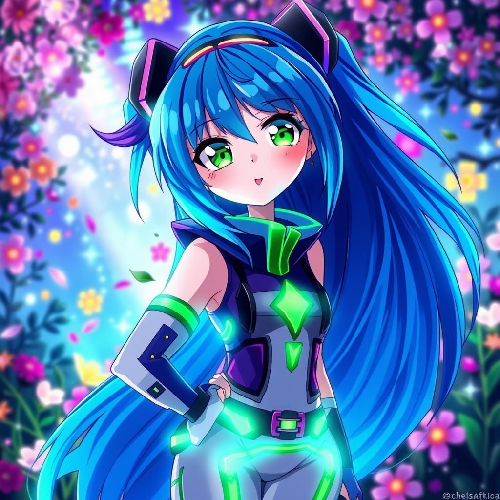A vibrant anime girl with long flowing blue hair and bright green eyes, wearing a stylish futuristic outfit with neon accents