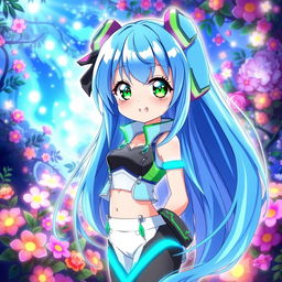 A vibrant anime girl with long flowing blue hair and bright green eyes, wearing a stylish futuristic outfit with neon accents