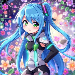 A vibrant anime girl with long flowing blue hair and bright green eyes, wearing a stylish futuristic outfit with neon accents