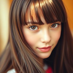 A beautifully detailed portrait of a girl with a bangs haircut that elegantly falls from her forehead to the back of her face