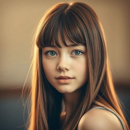 A beautifully detailed portrait of a girl with a bangs haircut that elegantly falls from her forehead to the back of her face