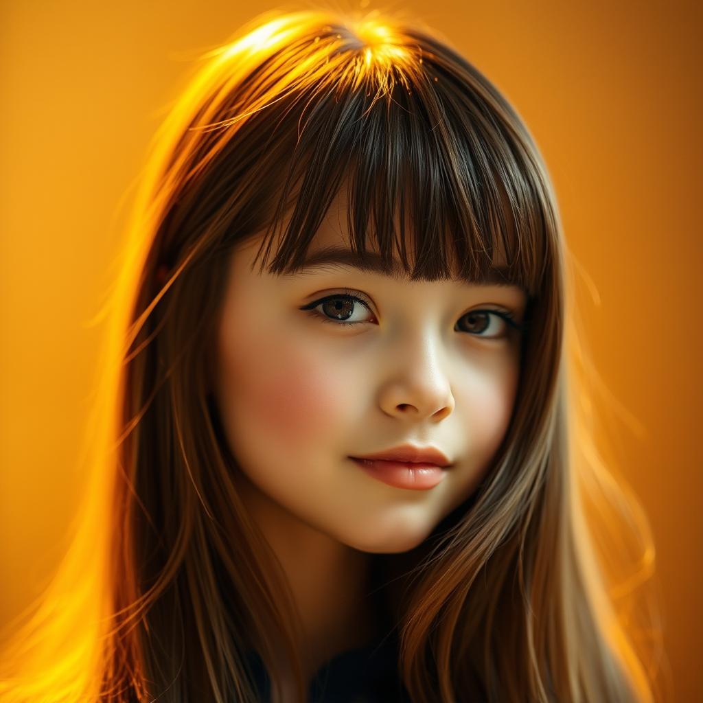 A beautifully detailed portrait of a girl with a bangs haircut that elegantly falls from her forehead to the back of her face