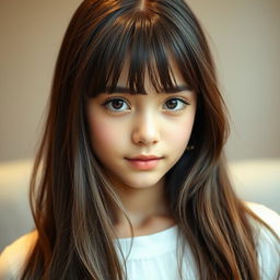 A beautifully detailed portrait of a girl with a bangs haircut that elegantly falls from her forehead to the back of her face