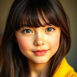 A beautifully detailed portrait of a girl with a bangs haircut that elegantly falls from her forehead to the back of her face