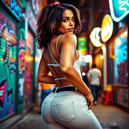 An attractive woman with a notably curvy figure and a prominent backside, confidently standing in a playful pose